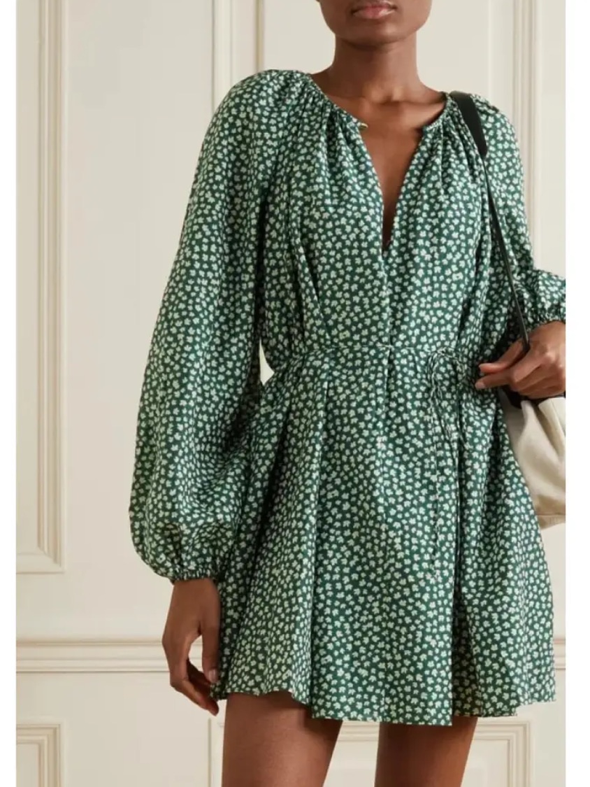 Matteau Green Printed V-Neck Long-Sleeve Mini Dress